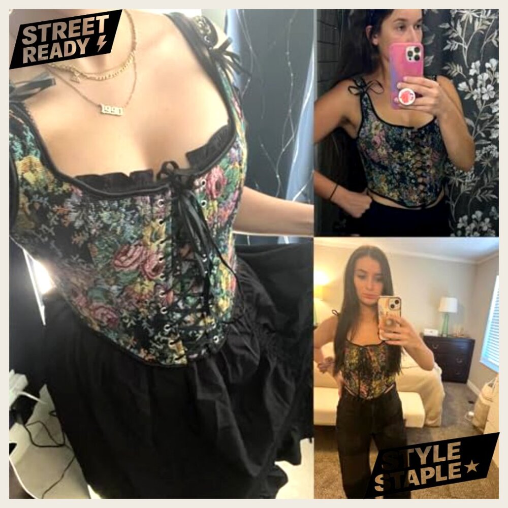 Vintage Floral Renaissance Corset Top Y2K Sleeveless Drawstring Embroidered - Picture 3 of 6